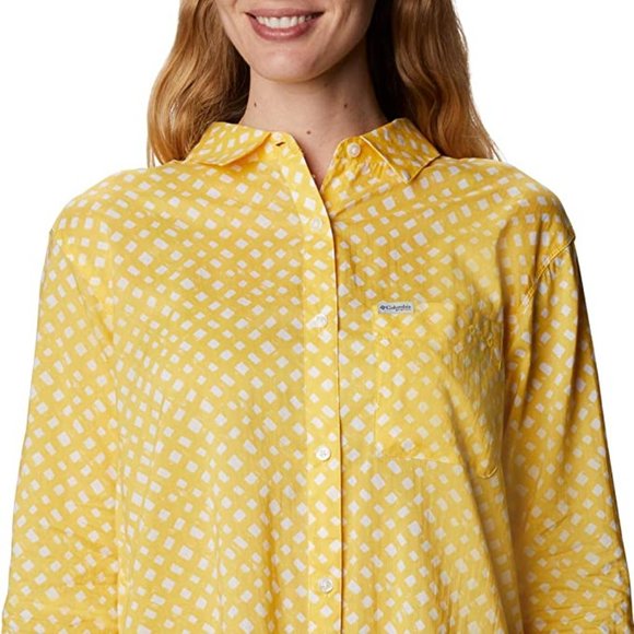 🆕Columbia Women's Slack Water Woven Long Sleeve Shirt, Sun Glow Lattice Print - Picture 1 of 5